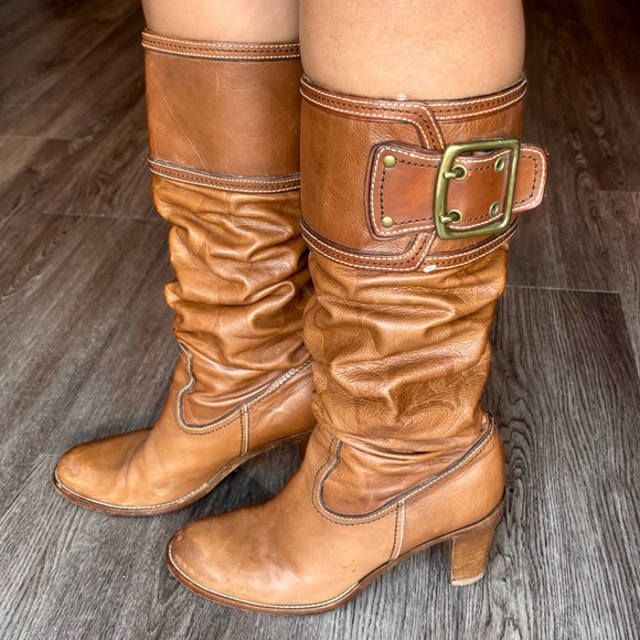 COACH SIGNATURE C SADDLE MERRIDTH BROWN LEATHER BOOTS - Picture 1 of 8